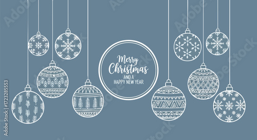 Delightful vintage Christmas ornaments with intricate patterns hang elegantly, wishing Merry Christmas and a Happy New Year