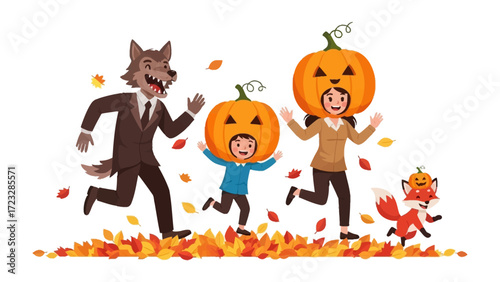 Halloween Family Fun: Festive family frolics through a bed of autumnal leaves, with the dad costumed as a wolf, the mom and child sporting pumpkin heads.
