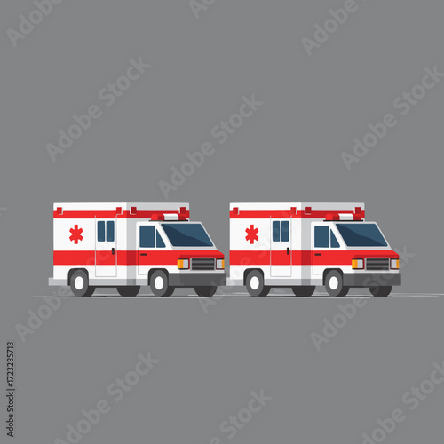 Set of two emergency ambulance vehicles in a flat design style. Medical transport van for hospital, first aid, and urgent rescue services