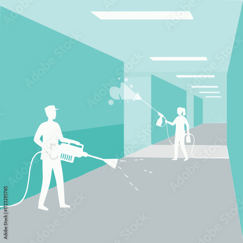 Two people in hazmat suits cleaning a hallway with pressure washers and disinfectants