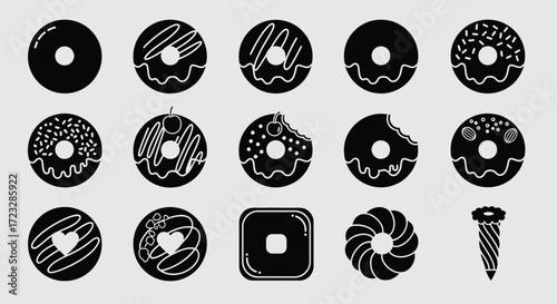 A collection of black and white donut icons, featuring various toppings, shapes, and a pastry piping tool.