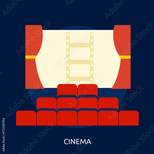Vibrant illustration of a cozy movie theater interior with red seats and a film playing on the big screen