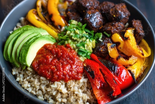 Mexican black bean burrito bowl with brown rice, grilled peppers, avocado and salsa
