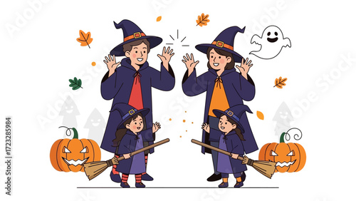 Magical Halloween Family: A joyous witch family, donned in enchanting costumes, shares a moment of spells amidst playful pumpkins and swirling autumn leaves, embodies the spirit of Halloween.