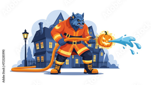 Halloween Werewolf Firefighter: An animated Werewolf firefighter, clad in uniform, stands before a spooky house and sprays a pumpkin-shaped water hose.
