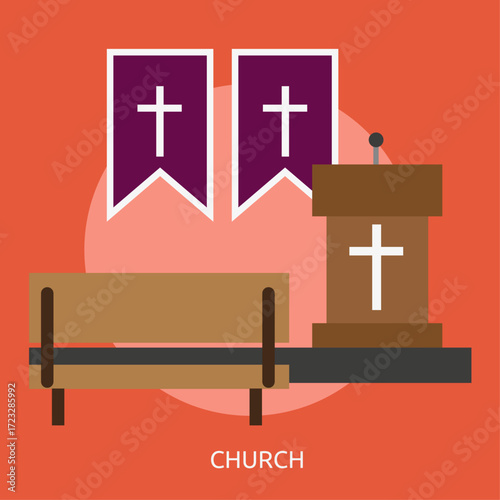 Church Interior Illustration with Bench, Pulpit, and Christian Symbols