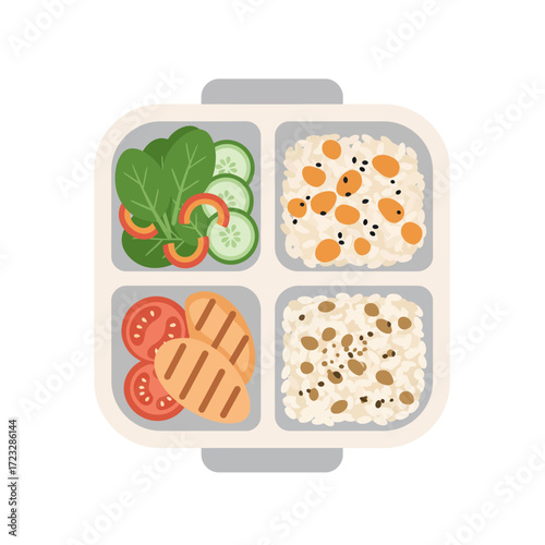 Top-down view of a healthy bento box lunch with grilled chicken, fresh vegetables, and grains for a nutritious meal