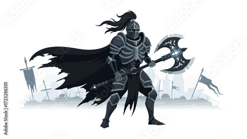 Dark Knight in the Battlefield: A fierce knight, armored and resolute, stands in a battlefield, his imposing presence and intimidating weaponry hinting at an epic narrative.