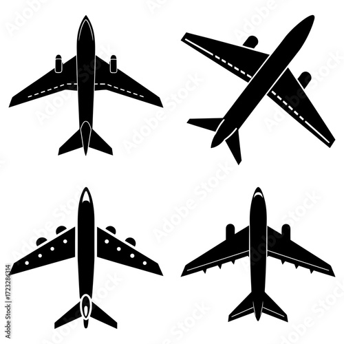 Four airplane silhouettes in different orientations showcasing aviation and transportation themes with simple graphics