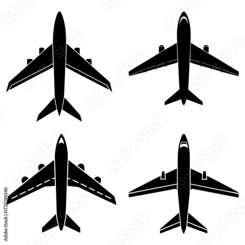 Aerial view of multiple airplane silhouettes arranged symmetrically on a white background plane transport