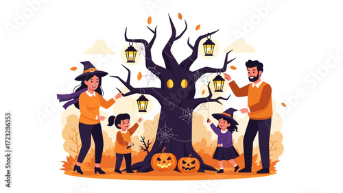 Halloween Family Moments: A cozy autumn scene unfolds as a family prepares for Halloween, decorating a gnarled tree, complete with pumpkins and lanterns in a welcoming atmosphere of spooky fun.