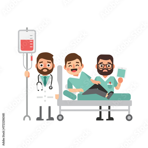 Smiling male patient lying in a hospital bed with a doctor and a nurse, receiving a blood transfusion from an IV drip in a cartoon illustration