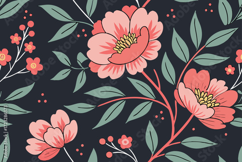 Vintage Floral Pattern with Pink Flowers and Green Leaves on Dark Background Keywords: floral, pattern, vintage, flowers, pink, coral, yellow, green