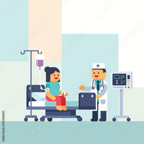 A cheerful female patient receives a medical consultation from a kind doctor in a hospital room, highlighting modern healthcare and recovery services with a focus on compassionate professional care