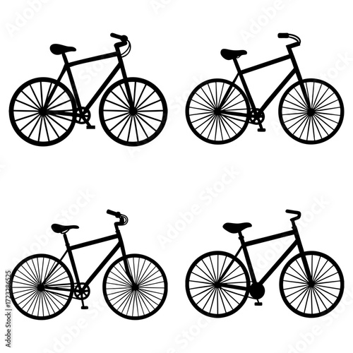 Four bicycle silhouettes arranged in a square pattern on a white background showing wheels and frames