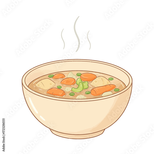 A warm and inviting bowl of hearty vegetable stew, steaming hot with carrots, potatoes, and peas. A classic homemade comfort food concept illustration