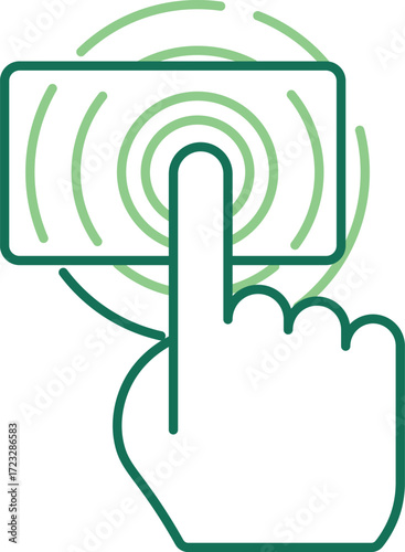 Finger touching screen with radiating signal waves green icon hand
