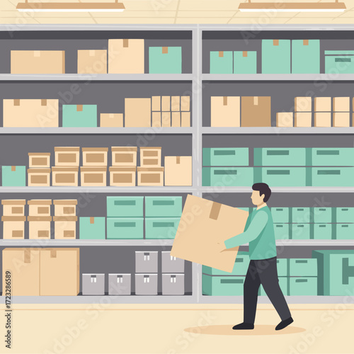 Logistics and storage a man carrying a large cardboard box in a warehouse full of shelves and packages