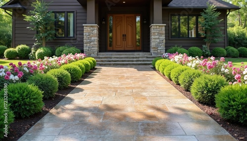 Elegant house entrance with stamped concrete driveway. Lush green plants, charming landscaping in a serene residential area. Beautiful home facade outdoor. Inviting pathway to wooden door.