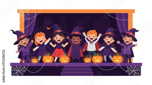 Halloween's Little Performers: A captivating illustration of a group of children in adorable Halloween costumes, radiating glee as they prepare for their theatrical performance on stage.