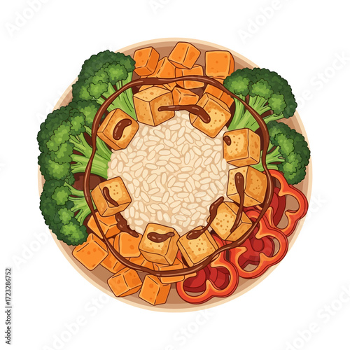Delicious and healthy vegan bowl with rice, tofu, broccoli, and bell peppers, drizzled with sauce