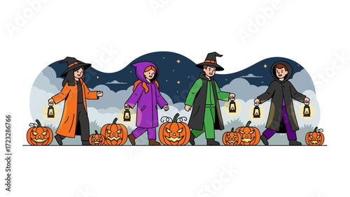 Halloween night: Children dressed up in Halloween costumes, with pumpkins, carrying lanterns.
