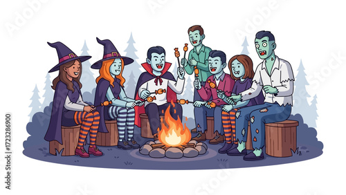 Spooky Gathering Around Campfire: Illustration depicts a vibrant scene of characters dressed as witch and vampire , gather around a crackling campfire.