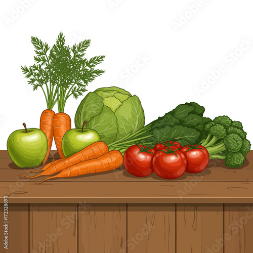 Assortment of Fresh Vegetables and Fruits on Wooden Table, Healthy Food Vector Illustration