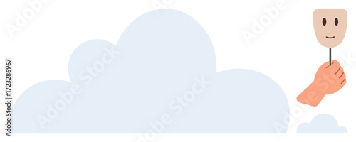 Hand holds a smiling mask above soft clouds, symbolizing positivity, hidden emotions, and identity. Ideal for confidence, mental health, optimism, self-expression, motivation inner strength simple
