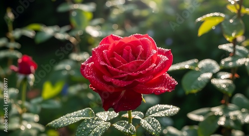 Vibrant Red Rose Blooming in a Lush Garden.