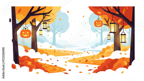Spooky Autumn Path: A whimsical illustration showcases a vibrant autumnal path through a forest, adorned with jack-o'-lanterns and lanterns.