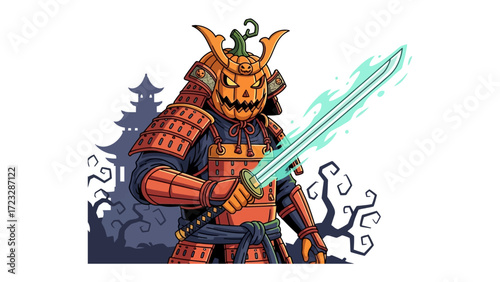 Pumpkin Samurai: A spectral samurai, bearing a jack-o'-lantern mask and traditional armor, brandishes a gleaming katana amidst a stylized, digitally rendered scene.