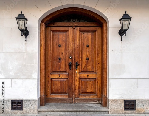 Ornate Wooden Double Door Entrance with Black Lanterns
