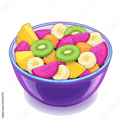 Vibrant Illustration of a Healthy Fresh Fruit Medley, Showcasing Slices of Kiwi, Banana, Pineapple, and Exotic Pink Fruit in a Colorful Bowl, a Perfect Refreshing Treat