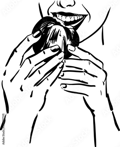 Black and white drawing of hands holding and biting an apple