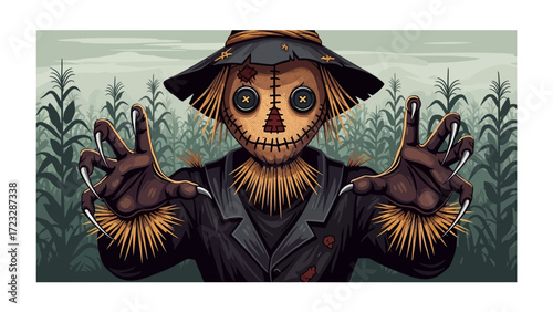 Spooky Scarecrow in Cornfield: A creepy scarecrow stands menacingly in a cornfield. Spooky vibes. With dark hat, eerie gaze, creating an atmosphere of suspense and horror.