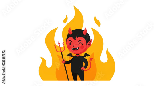 Playful Demon in Flames: A mischievous demon, with red skin and horns, playfully brandishes a trident amidst a backdrop of vibrant flames, symbolizing both the playful and the fiery.