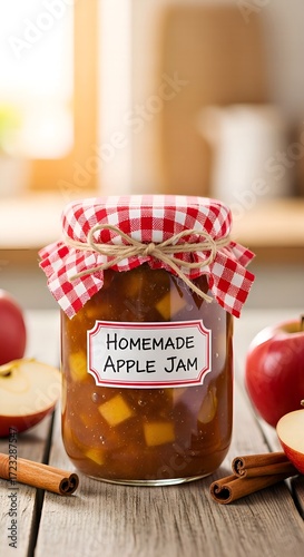Homemade apple jam in a jar, tied with a red gingham cloth and twine, set on a rustic table with fresh apples and cinnamon sticks