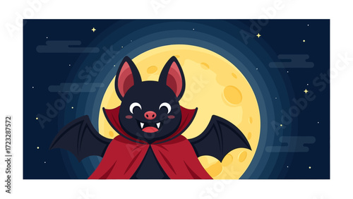 Cute Halloween Bat: An endearing cartoon bat with a whimsical cape, set against a luminous full moon in a captivating Halloween night scene. 