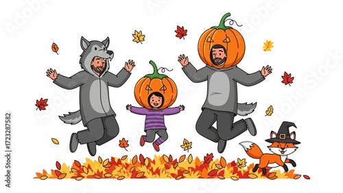 Autumn Jumpsuit Frolic: A jovial father and child trio don whimsical wolf and pumpkin jumpsuits, joyfully leaping into a lively autumn tableau.