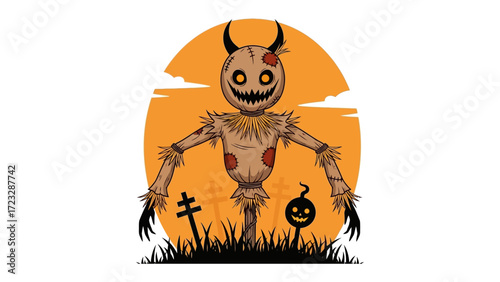 Creepy Scarecrow on Halloween: An eerie scarecrow stands against a foreboding orange backdrop, featuring unsettling details, crosses, and pumpkins.
