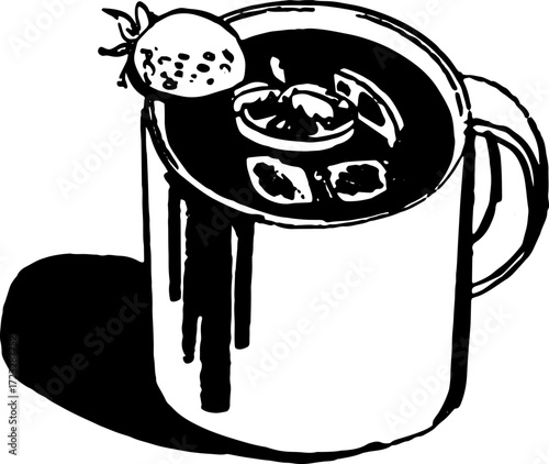Black and white drawing of a mug filled with liquid and topped with fruit