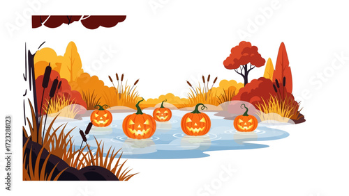 Halloween Gathering by the Lake: Carved pumpkins float serenely upon the water's surface of a calm lake. The autumn colors paint the scenery, the artwork celebrates Halloween!