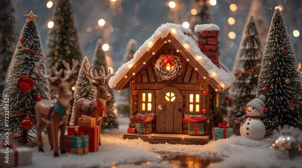Fototapeta premium Christmas cottage with reindeer snowman and decorated trees