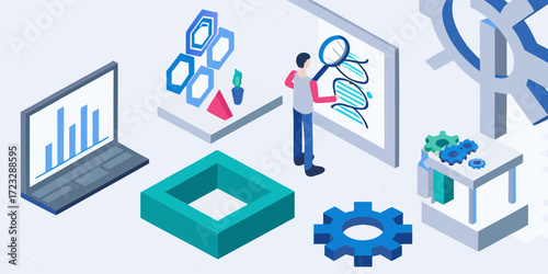 Isometric illustration of a scientist analyzing dna with magnifying glass and data visualization tools