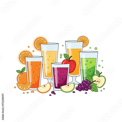 Vibrant and Refreshing Fruit Juice Assortment in Colorful Glasses