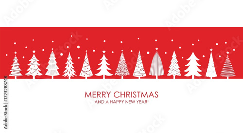 Whimsical white Christmas trees with stars and snowflakes dance across a vibrant red holiday banner wishing seasons greetings