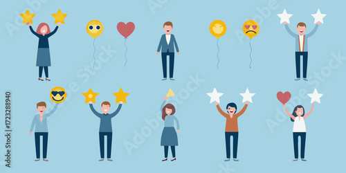 Diverse group of people holding stars balloons and hearts showing different customer satisfaction ratings