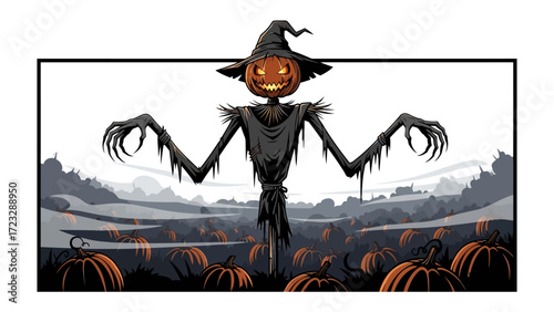 Halloween Scarecrow in Pumpkin Patch: An animated illustration of a scarecrow with a pumpkin head stands among pumpkins in a patch, as a symbol of autumn and the spooky season.