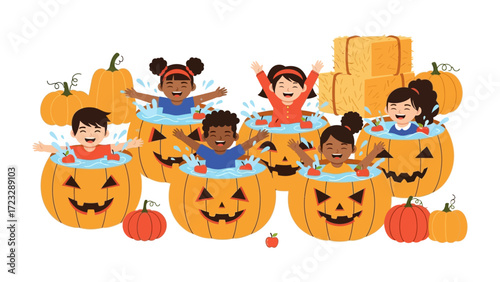 Halloween Fun with Children in Pumpkins:  A delightful illustration showcases children immersed in Halloween fun, bathing in carved pumpkins amid a festive scene of pumpkins and hay bales.